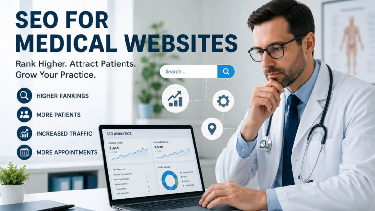 doctor reviewing medical website SEO analytics on laptop in clinic office