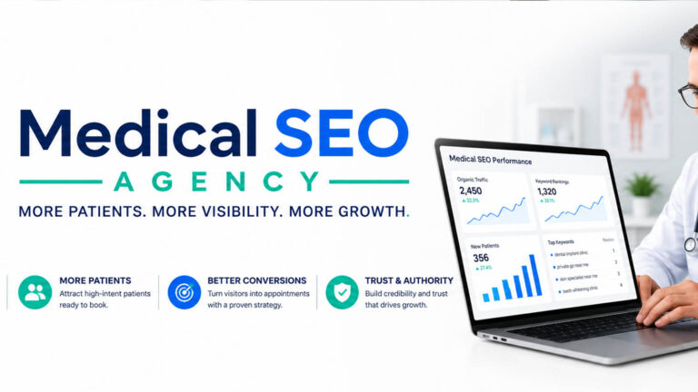 doctor discussing medical SEO service growth strategy with analytics dashboard on screen