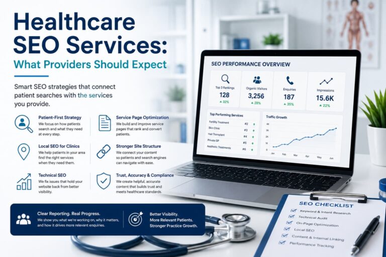 Healthcare provider reviewing healthcare SEO services and patient search visibility