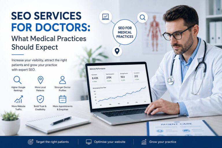 Doctor reviewing medical website SEO performance and patient search visibility