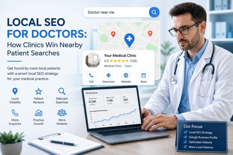 Doctor reviewing local clinic search visibility and patient enquiry information online